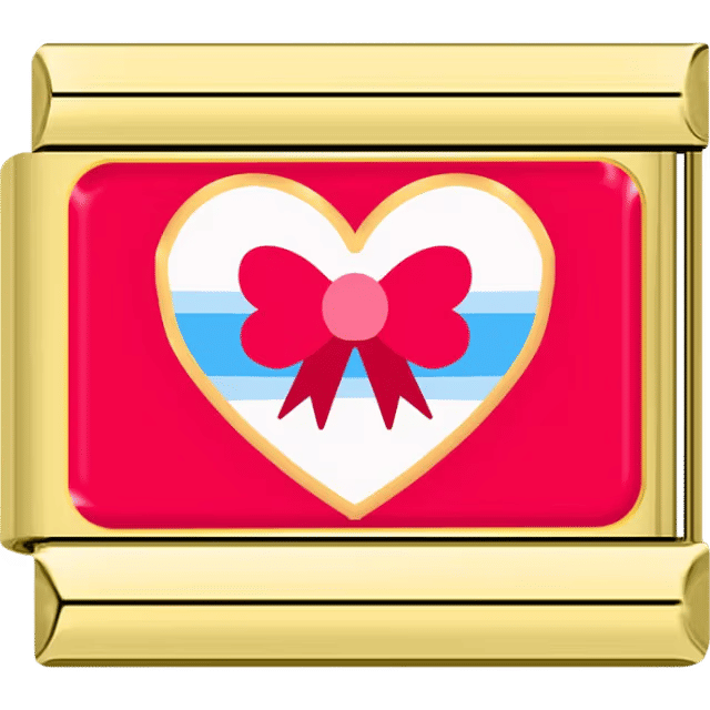 White heart with pink bow and blue stripe ribbon on a gold Italian charm link
